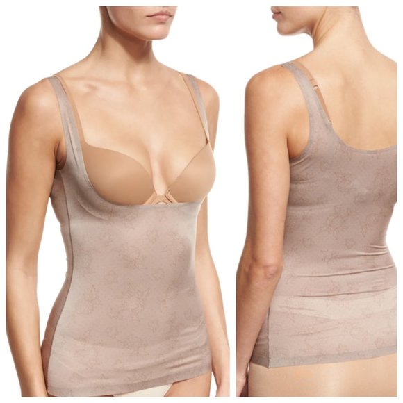 Spanx Pretty Smart Taupe Lace Print Open Bust Shaper Cami Tank Top - Picture 1 of 7